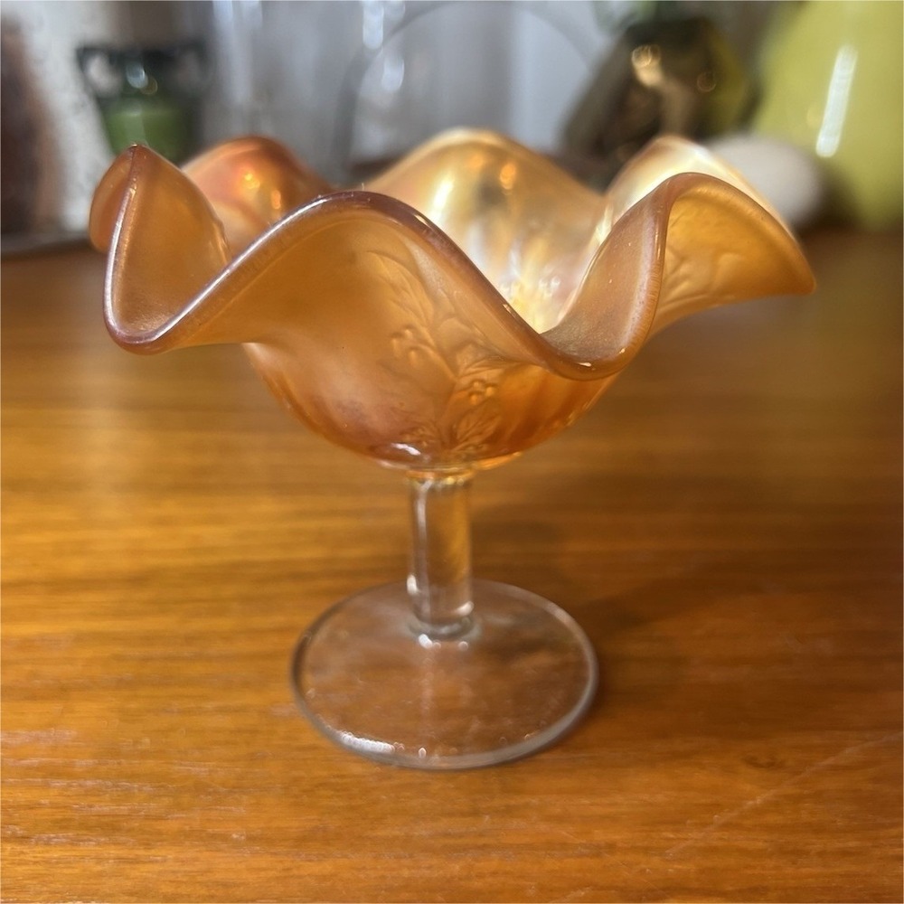 Vintage Amber Iridescent Carnival Glass Floral Pedestal Candy Dish 6in